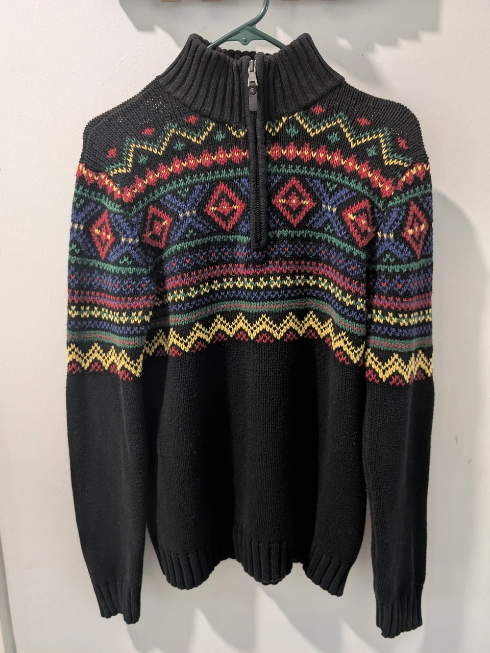 VTG Polo Ralph Lauren Youth XL Aztec Fair Isle Half Zip Sweater Black Cotton